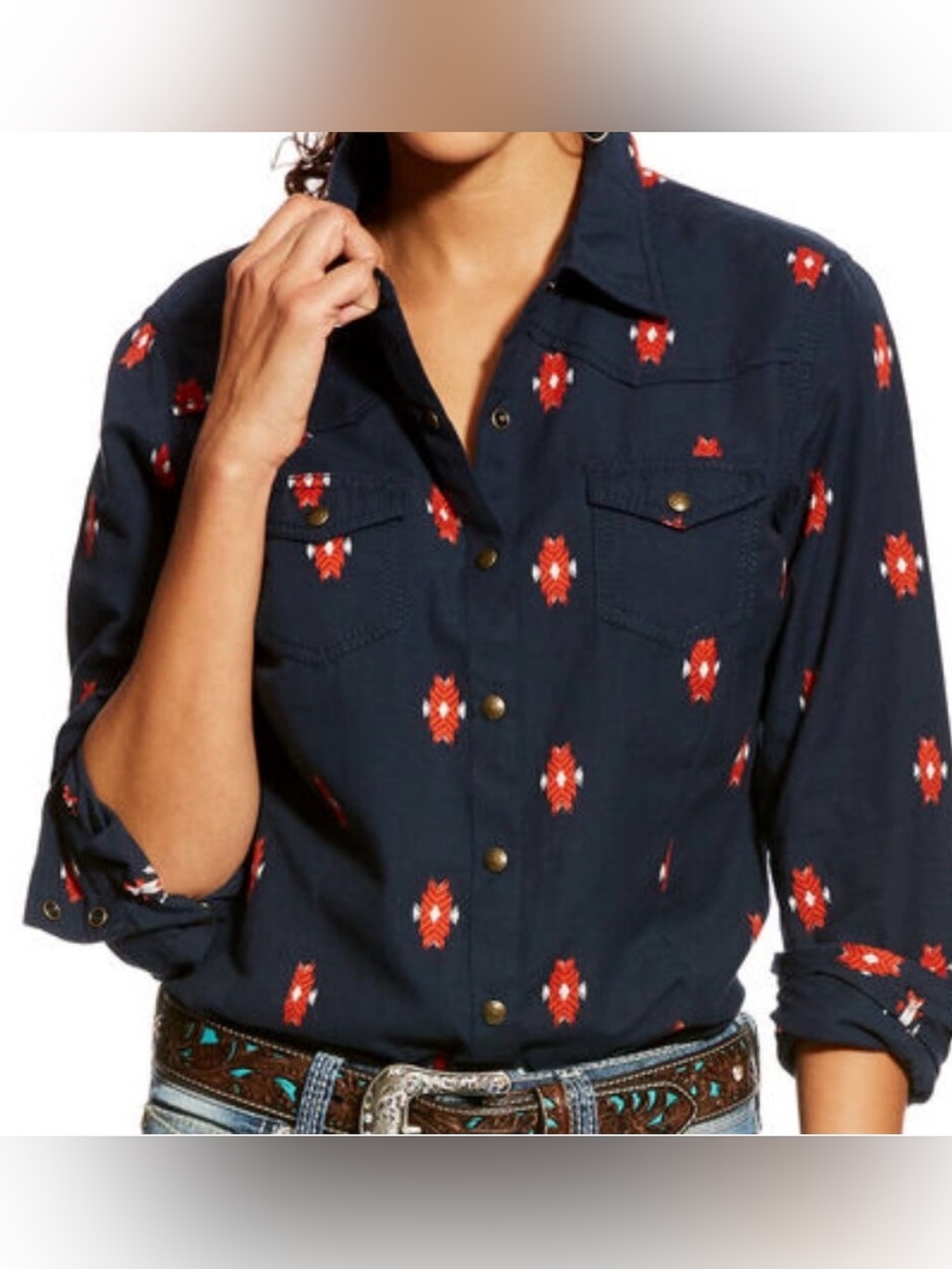 🆕Ariat Women Real Shirt Aztec Design Navy/Red Long Sleeve Snaps XL 🆕
